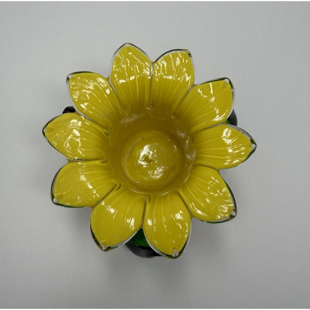 Hand Blown Art Glass Flower Candle Holder Yellow Green Vintage Art Deco - Picture 5 of 8